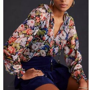 Anthropologie Sheer Floral Print Blouse S